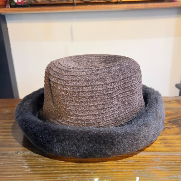 Vintage y2k 2000s Woven Faux Fur Bucket Hat Chocolate Brown OS - Picture 1 of 4